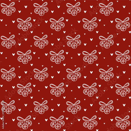 Vintage Christmas coquette seamless pattern with bells and small hears. Whimsical wrapping paper design.