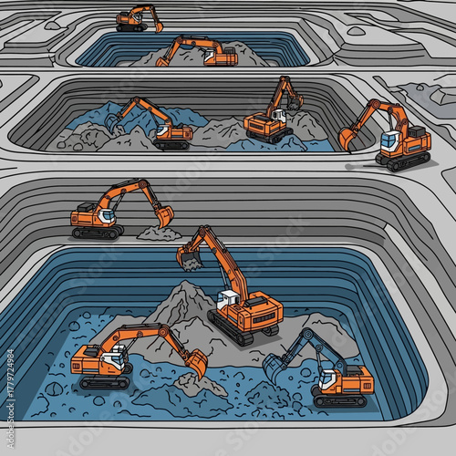 Stylized illustration of multiple orange excavators working in a terraced open-pit mine or quarry.