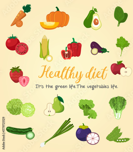 Healthy vegetables and fruits set illustration on beige background