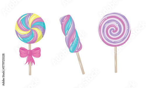 A set of colorful lollipops on a wooden stick. Vector animated flat illustration with bright lollipops. Sweet food icons.