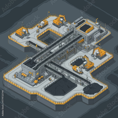 Isometric illustration of a coal mining operation with machinery and infrastructure.
