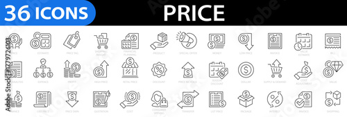 Price line icon set. Product, calculator, expensive, price tag, cost, quotation, invoice, list price, estimate, special offers and more. Vector illustration.
