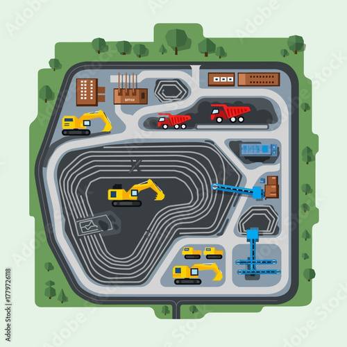 Overhead view of a mine with trucks and excavators.