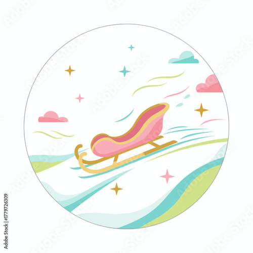 Sled sliding down a snowy hill against a whimsical winter background