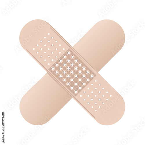 Two adhesive bandages overlapping in a cross formation for cuts and scrapes, first aid protection and medical supplies