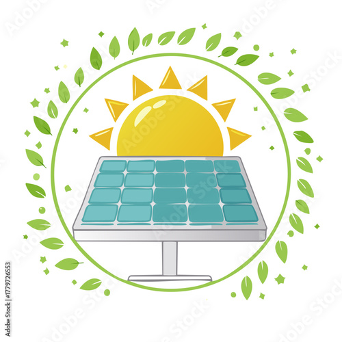 Solar Panel Energy Sun and Green Leaf Wreath Clean Power Alternative Energy