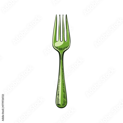 Vibrant Green Four Pronged Fork Hand Drawn Illustration Sketch Art Style Kitchen Utensil