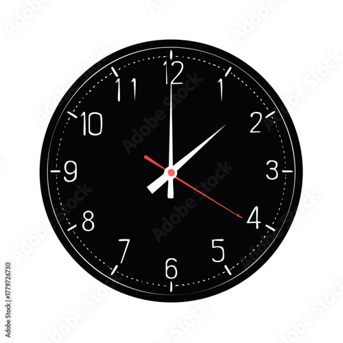 Simple black clock displaying midnight or noon with a red second hand and clear white markers
