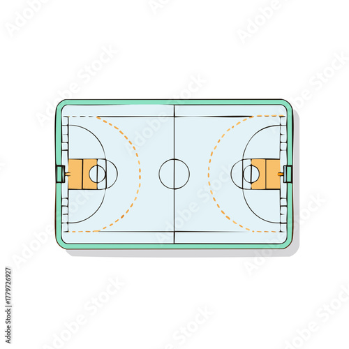 Overhead view of a clean basketball court with center circle and hoops