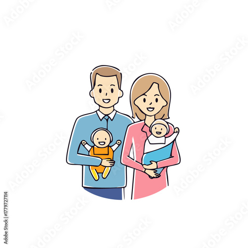 Smiling Parents Holding Two Babies in Cartoon Style Illustration