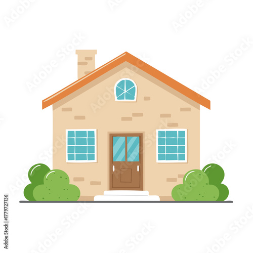 Charming flat design house with an orange roof front door and green bushes