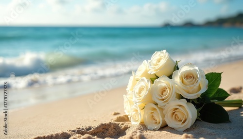 Fototapeta Naklejka Na Ścianę i Meble -  White rose bouquet on sandy beach with sea in background. Beautiful floral arrangement for tropical destination wedding honeymoon. Romantic symbol of love marriage celebration even peaceful memorial