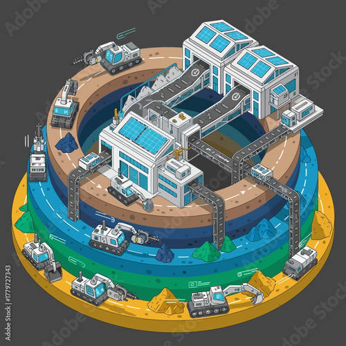 Isometric vector illustration of a multi-level open-pit mine with autonomous excavators, trucks, and processing facilities powered by solar energy.