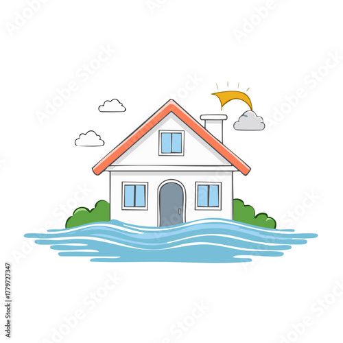 Cartoon house submerged in floodwaters with sun and clouds above symbolizing natural disaster