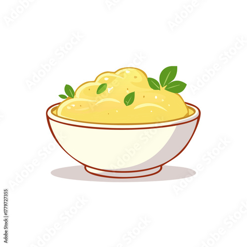 Illustration of creamy yellow mashed food topped with fresh green herb leaves in a bowl