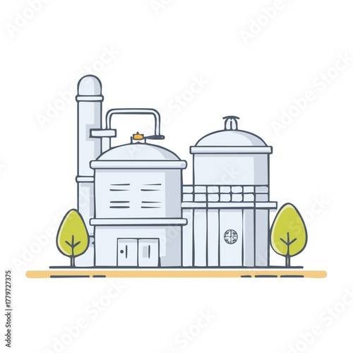 Modern Industrial Plant Illustration with Chemical Processing Tanks, Chimney, and Building