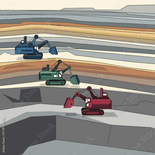 Three excavators digging in a layered open-pit mine under a pale sky.