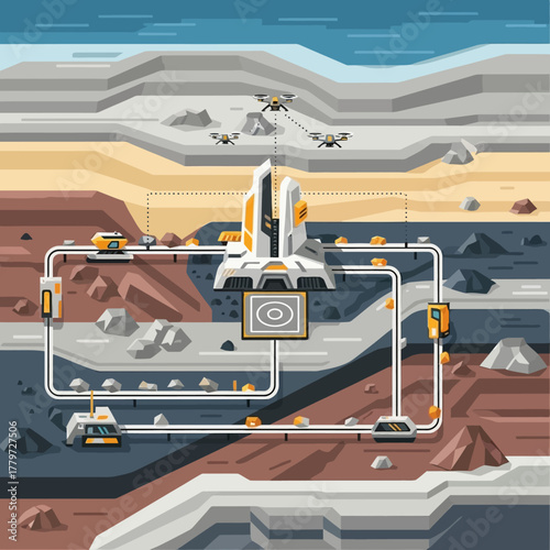 A futuristic automated mining operation on an alien planet with drones and processing facilities.