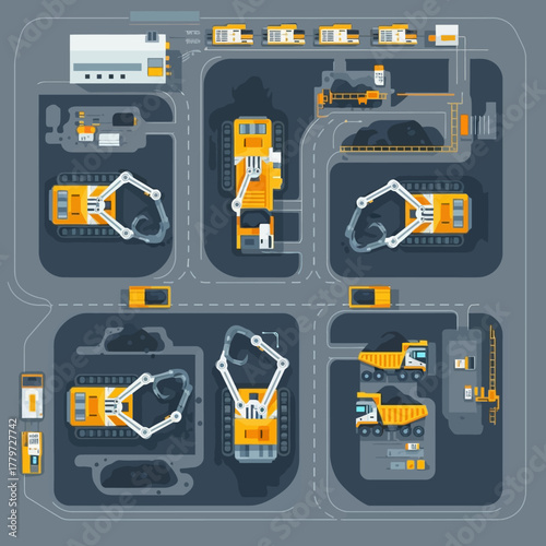 Overhead view of a mining operation with heavy machinery, trucks, and processing equipment.