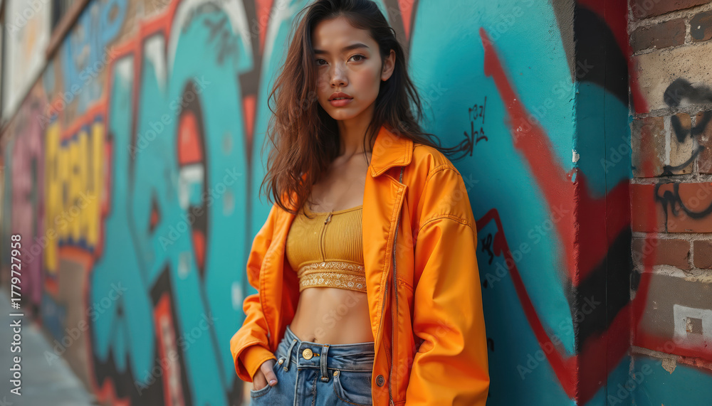 Fototapeta premium Young Asian woman in bright orange jacket and yellow crop top stands by graffiti wall. Casual urban style, fashion shoot, city background. She wears denim jeans, looking at camera.