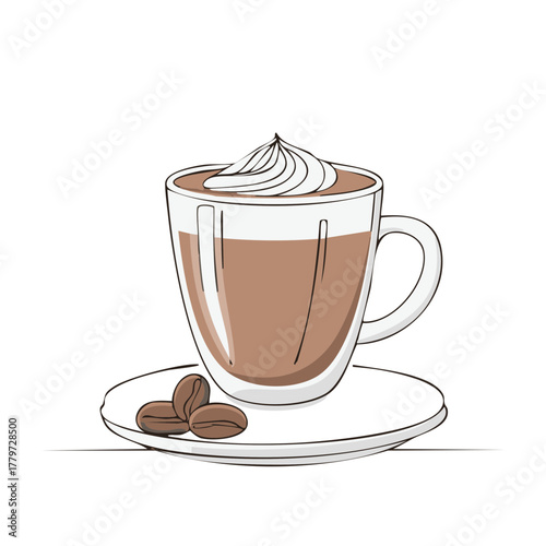 Delicious cappuccino in transparent cup with whipped cream and coffee beans on a saucer vector illustration