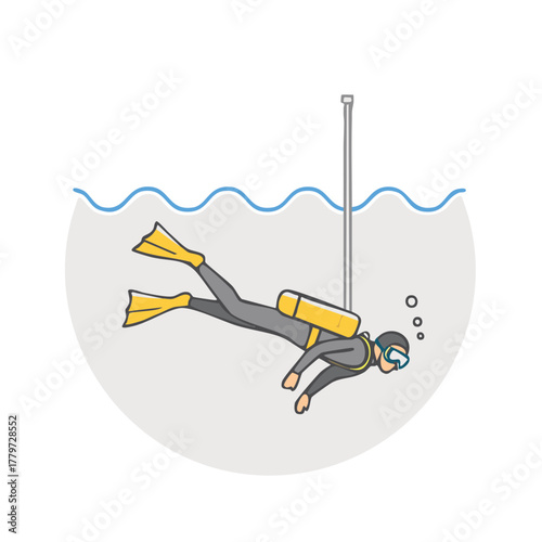 Illustrative depiction of a scuba diver descending into blue water with equipment