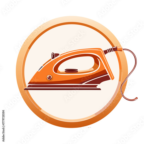 Modern orange electric steam iron illustration inside a glossy circular frame for laundry service