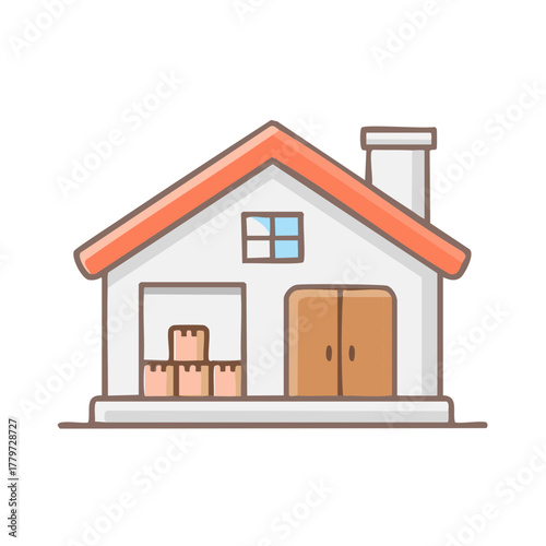 Flat design warehouse building icon with stacked boxes and double doors vector art