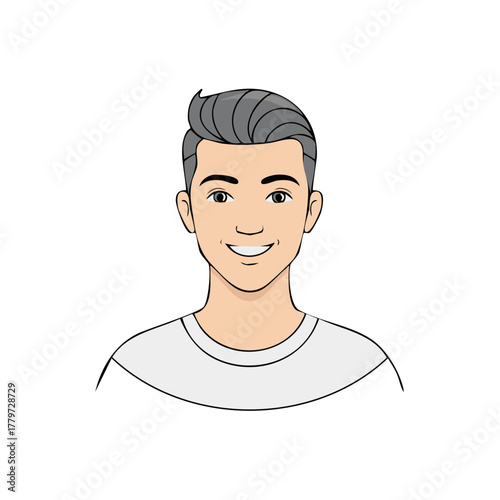 Cartoon young man with short grey hair and a friendly smile wearing a t-shirt