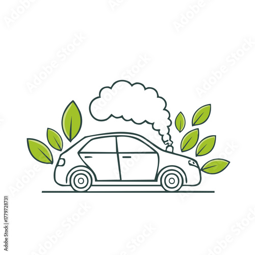 Car with smoke and green leaves depicting environmental pollution and sustainable transport concept