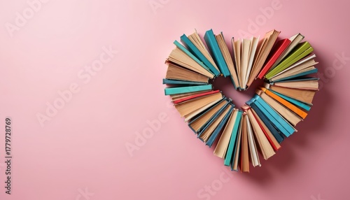 Various old books form heart shape on plain pink background. Beautiful creative design deep love for reading, diverse literature. Represents education, knowledge, passion for stories, learning,