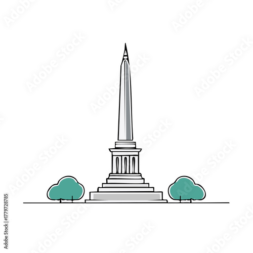 Sleek Modern Obelisk Monument with Stylized Trees Line Art Illustration
