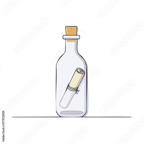 Message in a bottle illustration with rolled parchment and cork stopper