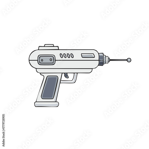White cartoon ray gun with gray details and futuristic antenna