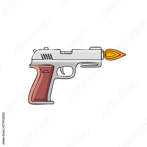 Cartoon drawing of a pistol firing a bullet with flame