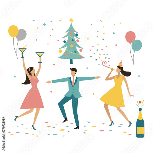 Flat Vector Retro Vintage New Year Celebration Scene with Joyful People Dancing and Festive Decorations, Illustrating a Lively Holiday Party