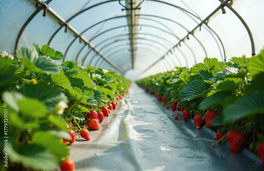 Fototapeta premium Rows of strawberry plants grow inside greenhouse tunnel. Ripe red berries ready for harvest. Modern farming growing strawberries. Sustainable eco agri food production