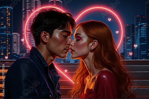 The image shows a couple preparing to kiss against the backdrop of a city at night