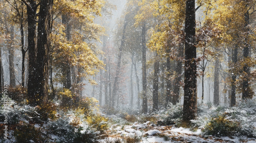 Fototapeta premium seasons embrace when autumn and winter converge product showcase serene autumn forest lightly dusted with snowflakes studio portrait branding asset