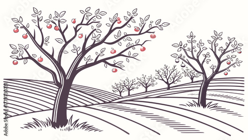 Flat design of Traverse City cherry orchard minimal art
