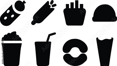 Assortment of black fast food and drink icons Keywords: pickle, hot dog, french fries, beanie