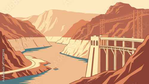 Flat modern design of Lake Mead with Hoover Dam view and warm desert tones
