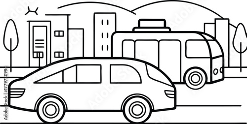 Black and white line drawing of city traffic with bus and car