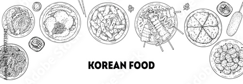 Korean food vector drawing frame. Hand drawn top view Korean food dishes vector sketch illustration. Japchae, kimchi, samgyetang, tteokbokki, odeng, pajeon, corn dog, bulgogi, kimbap