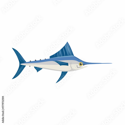 Vector illustration of a blue marlin fish with a long spear. Aquatic animal in cartoon style.
