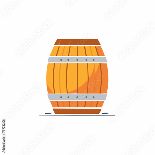 Simple flat illustration of a traditional wooden barrel with metal hoops for storing wine or beer
