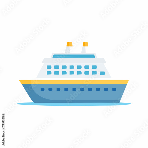 Stylized Blue Cruise Ship with Yellow Details Floating on Water Flat Design