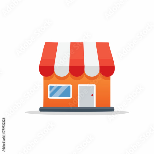 Illustration of a storefront with an orange facade and a red and white striped awning. Symbolizes commerce and local business.