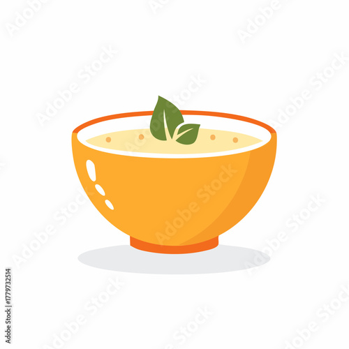 Cream Soup in Orange Bowl with Basil Leaves Illustration