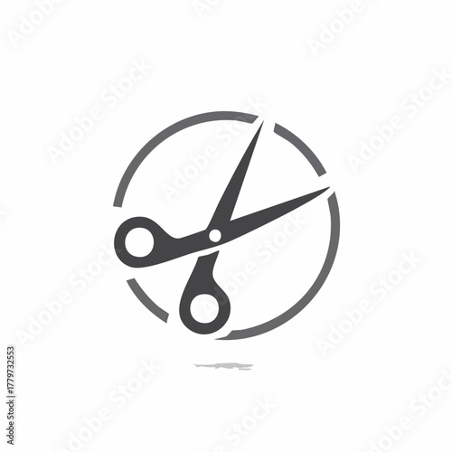 Minimalist design of a pair of scissors in a circle, symbolizing cutting, tailoring or craftsmanship